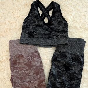 Gymshark Black & Purple Camo Leggings with Black Crisscross Sports Bra